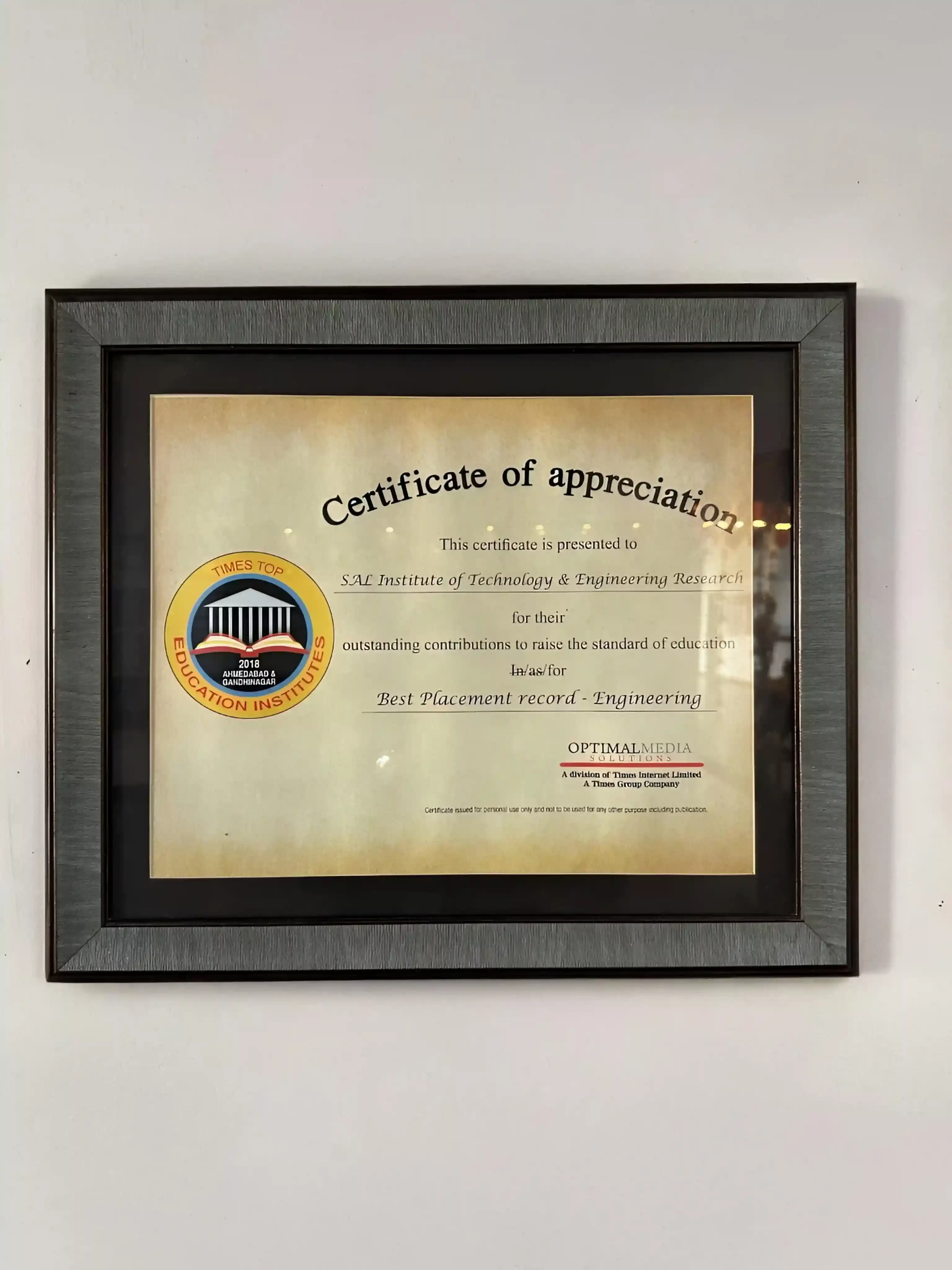 SAL INSTITUTE OF TECHNOLOGY AND ENGINEERING RESEARCH IS AWARDED BEST PLACEMENT